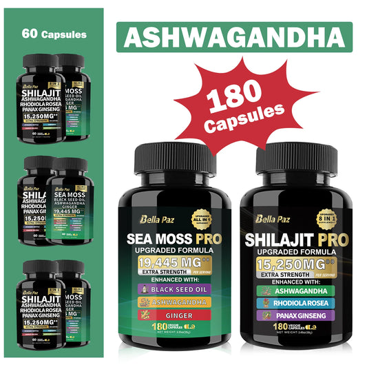 BellaPaz Ashwagandha Bundle: Upgraded Formula-Sea Moss, Shilajit,Black Seed Oil, Ashwagandha,Ginger, Rhodiola,Ginseng-180 Count