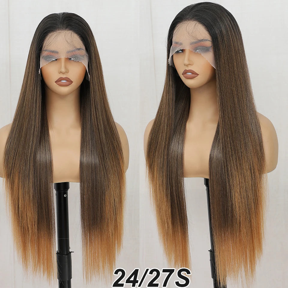 Synthetic Lace Front Part Wig For Women Natural Black Colored Bone Straight Prepluck Bleach Knots Baby Hair Soft Cosplay Daily