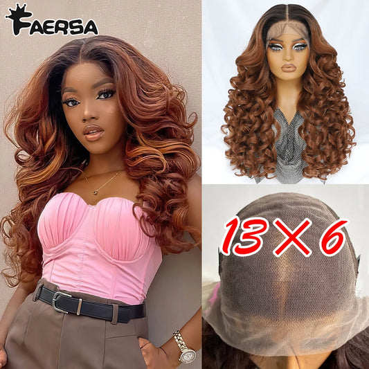 Latisha 13X6 HD Synthetic Lace Front Wigs Curly Pre Plucked Lace Frontal Wig with Bangs for Women Highlight with Babyhair 24Inch