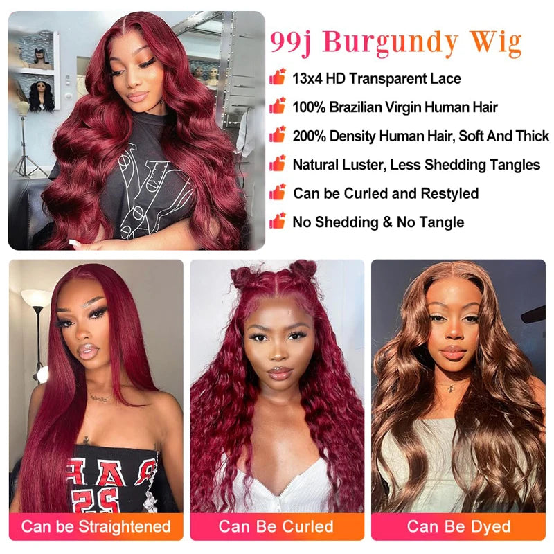 99J Burgundy 13X6 Body Wave Lace Front Wigs Human Hair 32 Inch Red Wine Colored 200 Density Lace Frontal Wig for Women Peruvian