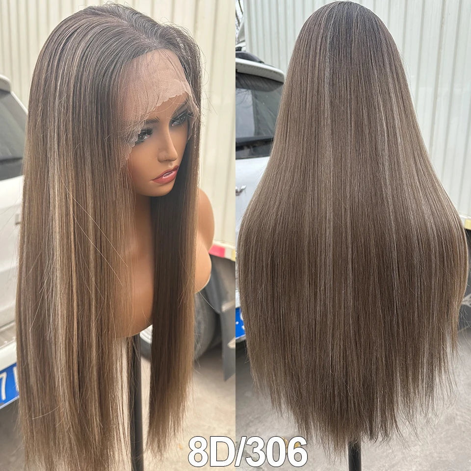 Synthetic Lace Front Part Wig For Women Natural Black Colored Bone Straight Prepluck Bleach Knots Baby Hair Soft Cosplay Daily