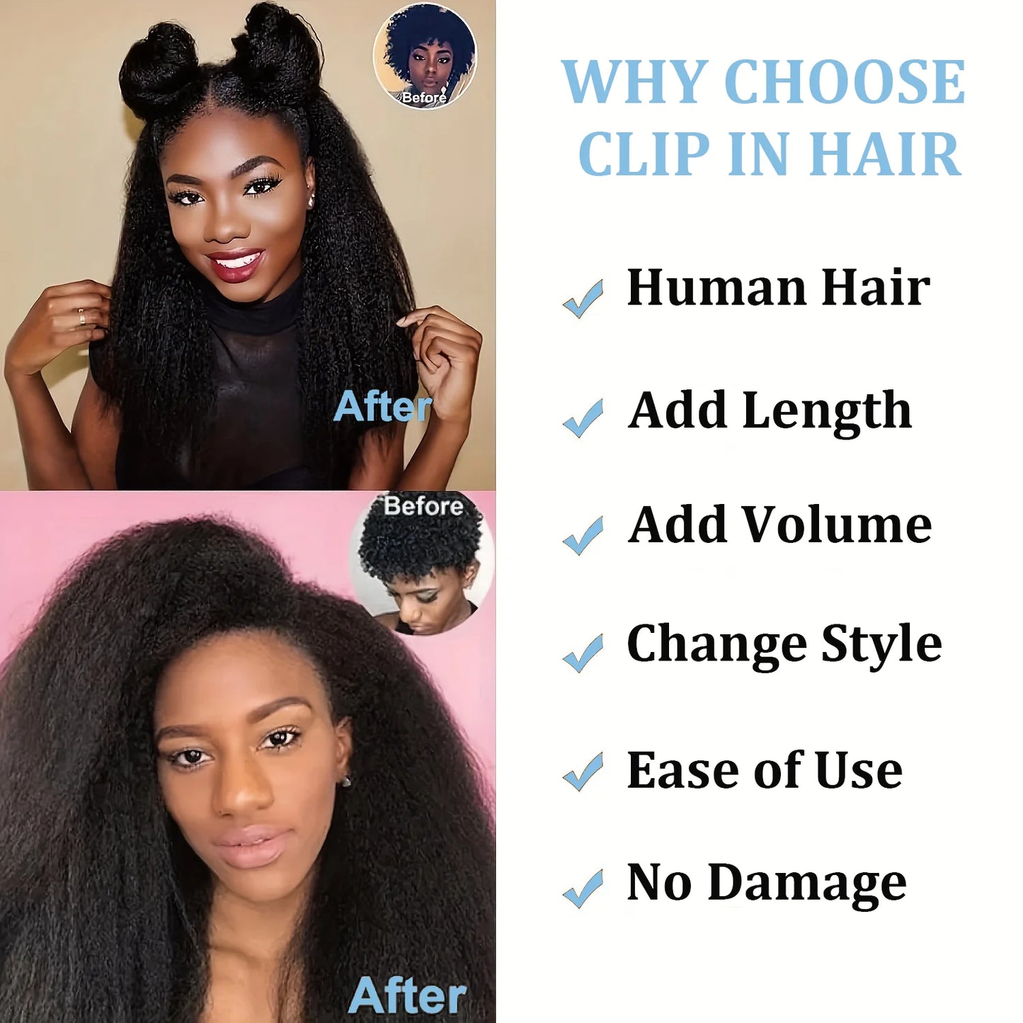 Kinky Straight Clips In Human Hair Extensions Natural Color In Brazilian 100% Remy Human Hair 120G 8Pcs/Set Full Head For Women