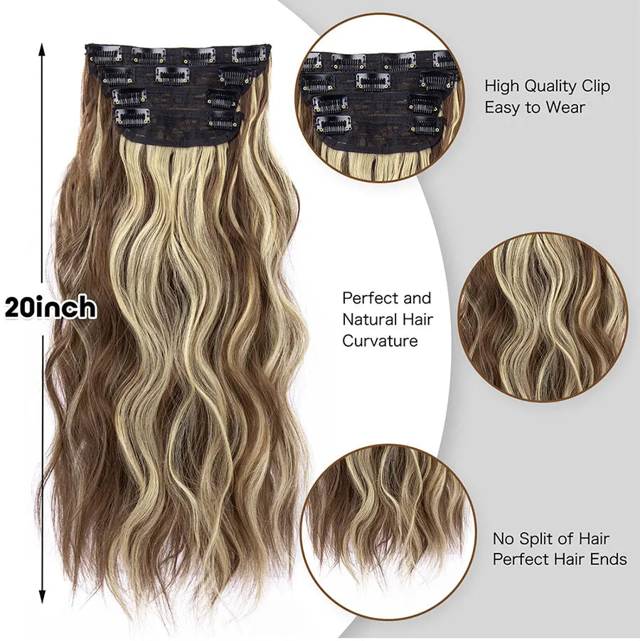 4Pcs/Set 20Inch Synthetic Hair Clip In Long Wavy Thick Hairpieces For Women Full Head Synthetic Hair Extensions Ombre Hairpieces