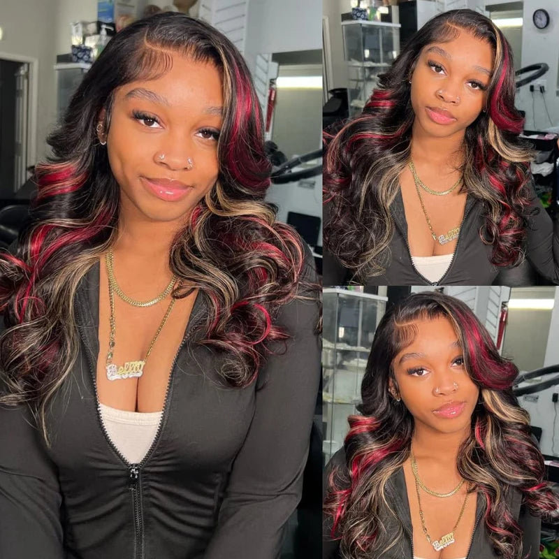 Black Red Blonde Burgundy Highlight Body Wave Synthetic Lace Wigs For Women 13X4 HD Lace Front Wigs Pre Plucked with Baby Hair