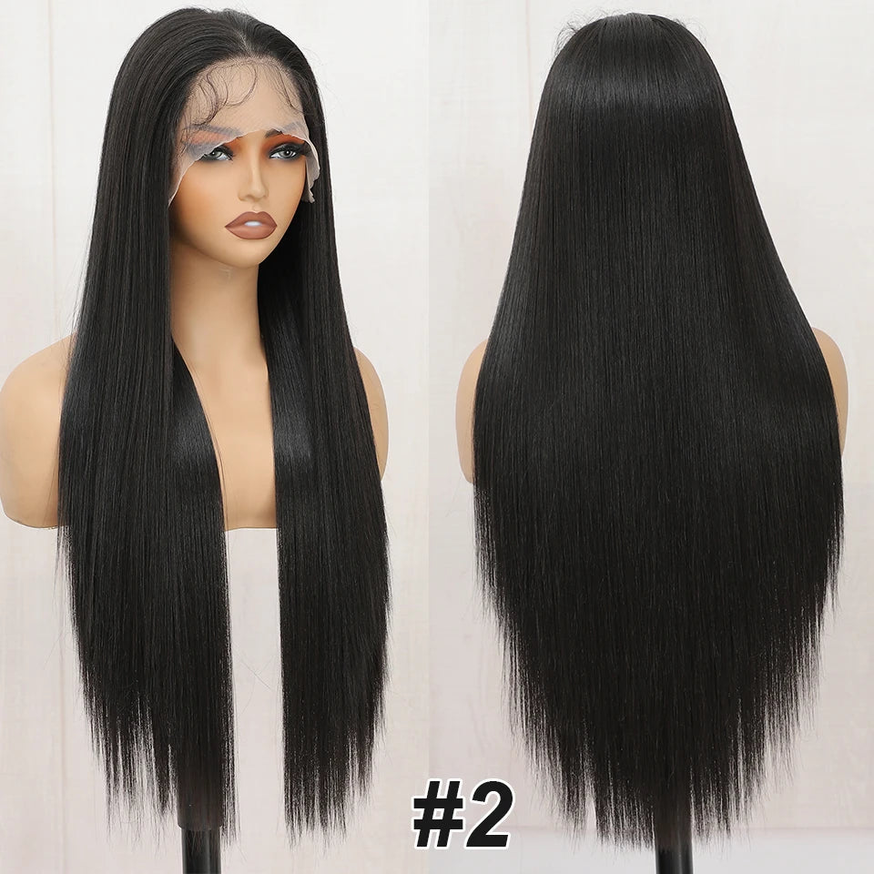 Synthetic Lace Front Part Wig For Women Natural Black Colored Bone Straight Prepluck Bleach Knots Baby Hair Soft Cosplay Daily