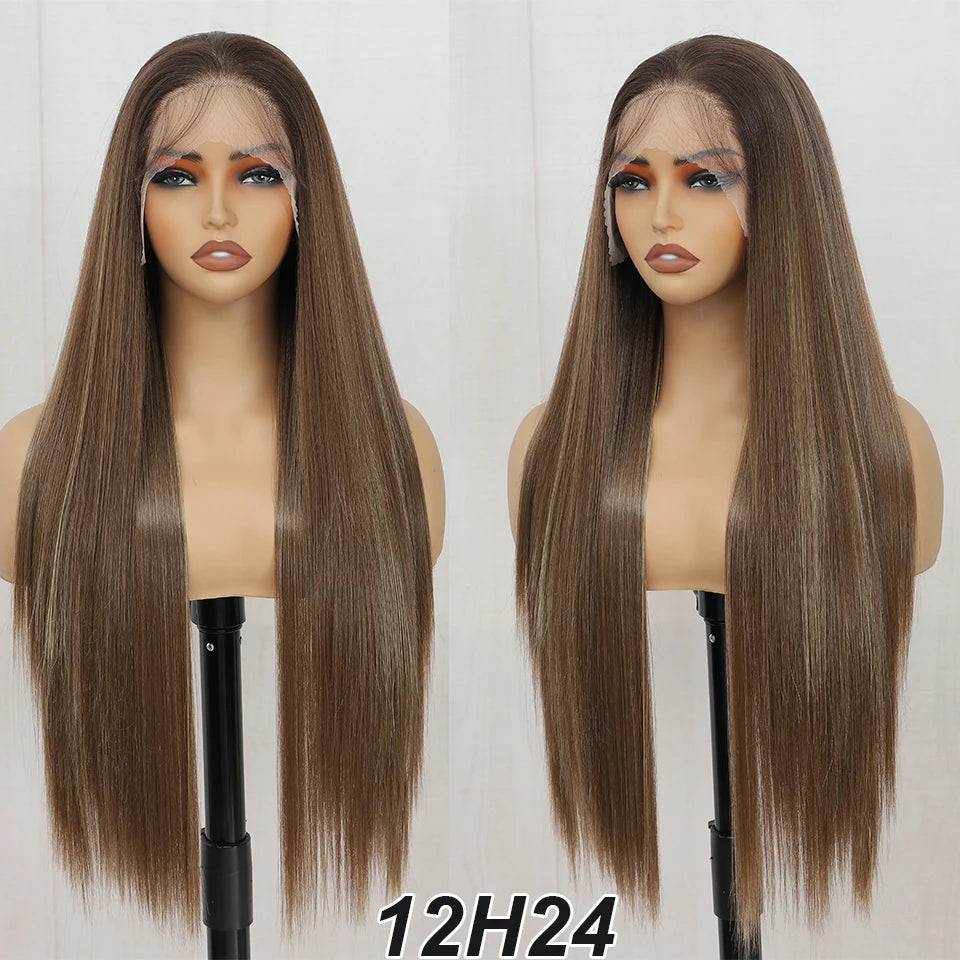 Synthetic Lace Front Part Wig For Women Natural Black Colored Bone Straight Prepluck Bleach Knots Baby Hair Soft Cosplay Daily