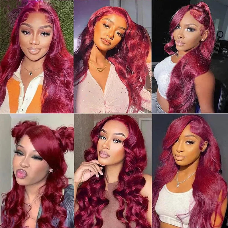 99J Burgundy 13X6 Body Wave Lace Front Wigs Human Hair 32 Inch Red Wine Colored 200 Density Lace Frontal Wig for Women Peruvian