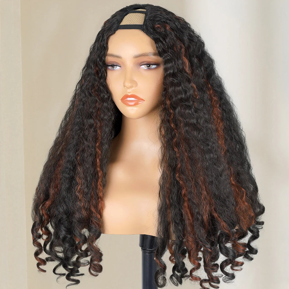 Afro Kinky Straight V Part Wigs with Bouncy Curls Short Synthetic Glueless Wigs for Black Women No Leave Out Clip in Half Wigs