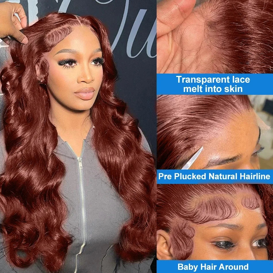 YKB Body Wave Reddish Brown 13x6 Lace Front Wigs Human Hair Preplucked Auburn Colored Human Hair HD Lace Frontal Wig 200 Density