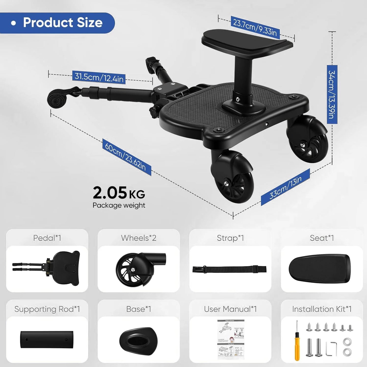 Universal Strollers Step Board adapt with Seat 2-in-1 Sit and Stand Stroller Board Twins Scooter Baby Pram Hitchhiker Bumper