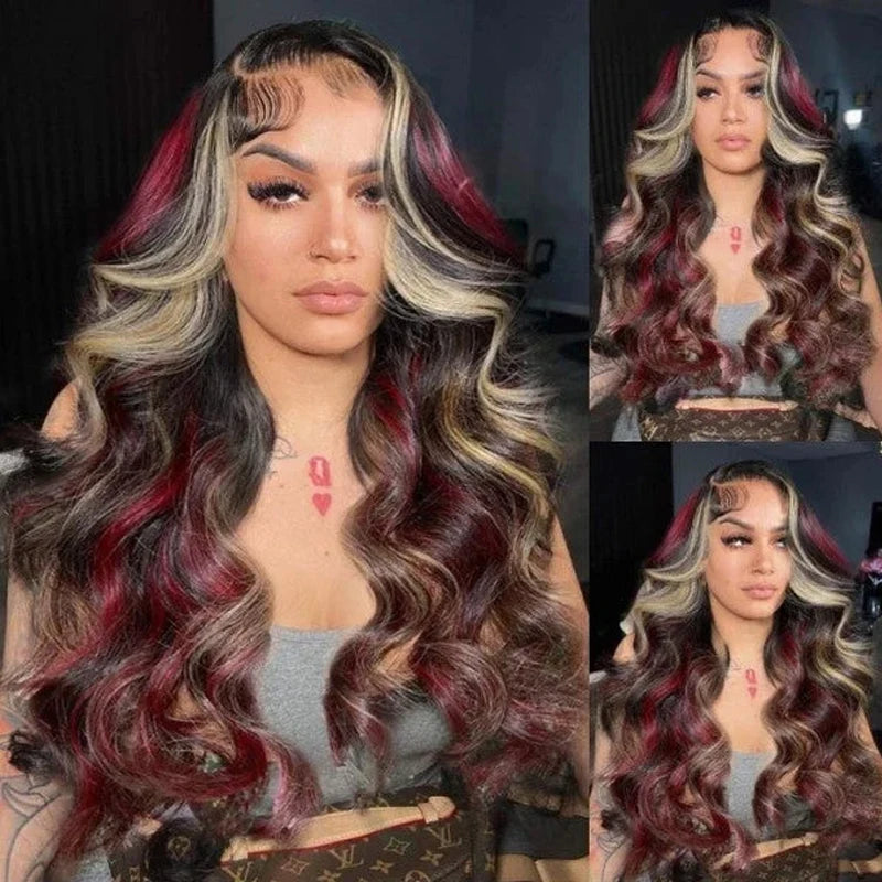 Black Red Blonde Burgundy Highlight Body Wave Synthetic Lace Wigs For Women 13X4 HD Lace Front Wigs Pre Plucked with Baby Hair