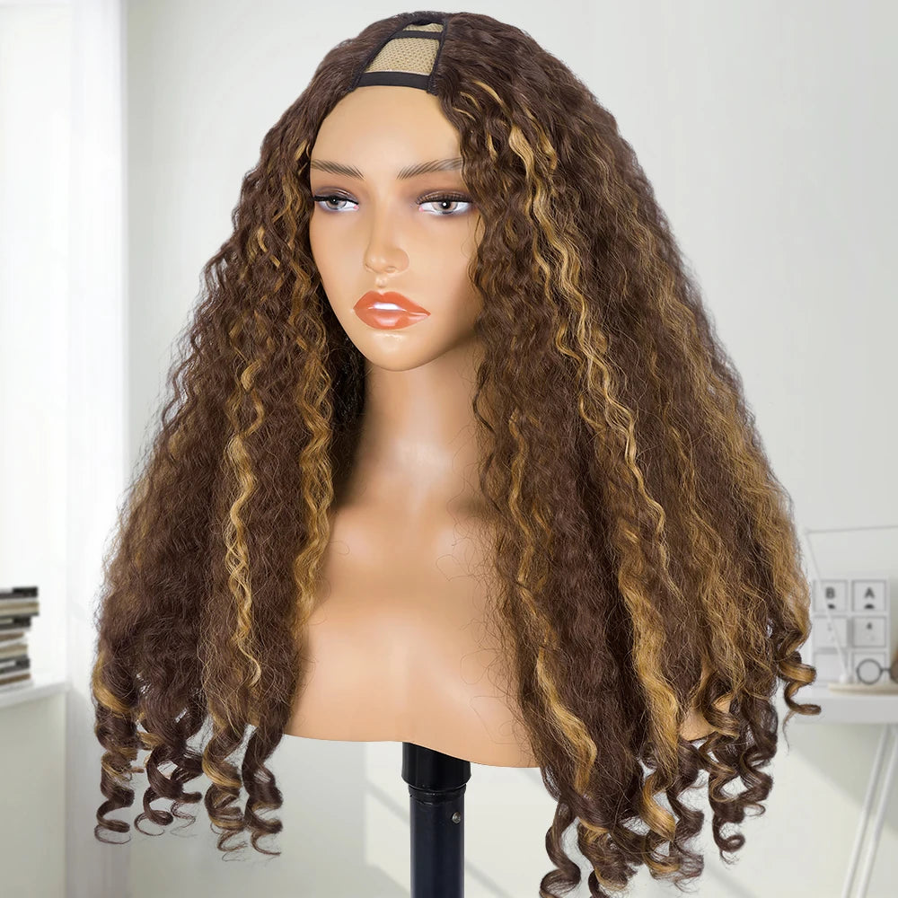 Afro Kinky Straight V Part Wigs with Bouncy Curls Short Synthetic Glueless Wigs for Black Women No Leave Out Clip in Half Wigs