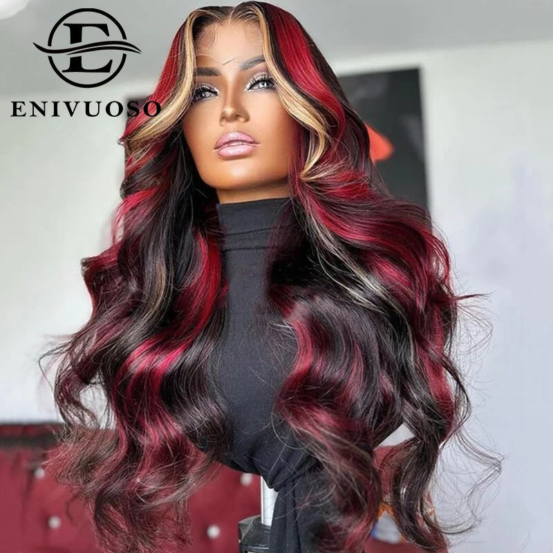 Black Red Blonde Burgundy Highlight Body Wave Synthetic Lace Wigs For Women 13X4 HD Lace Front Wigs Pre Plucked with Baby Hair