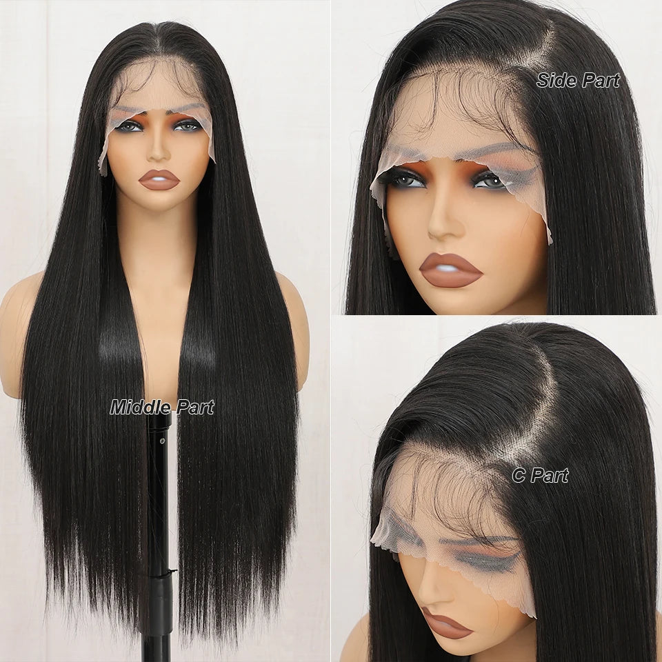 Synthetic Lace Front Part Wig For Women Natural Black Colored Bone Straight Prepluck Bleach Knots Baby Hair Soft Cosplay Daily