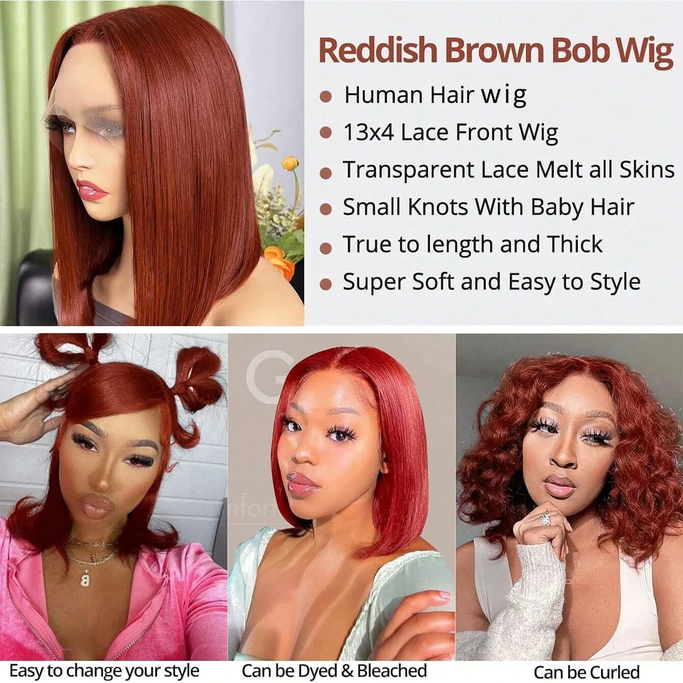 #33 Reddish Brown Bob Wig Human Hair 13x4 Lace Front Wigs Brown Glueless Peruvian Straight Lace Front Human Hair Wigs For Women