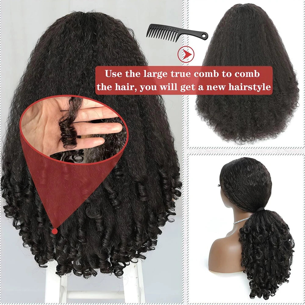 Afro Kinky Straight V Part Wigs with Bouncy Curls Short Synthetic Glueless Wigs for Black Women No Leave Out Clip in Half Wigs