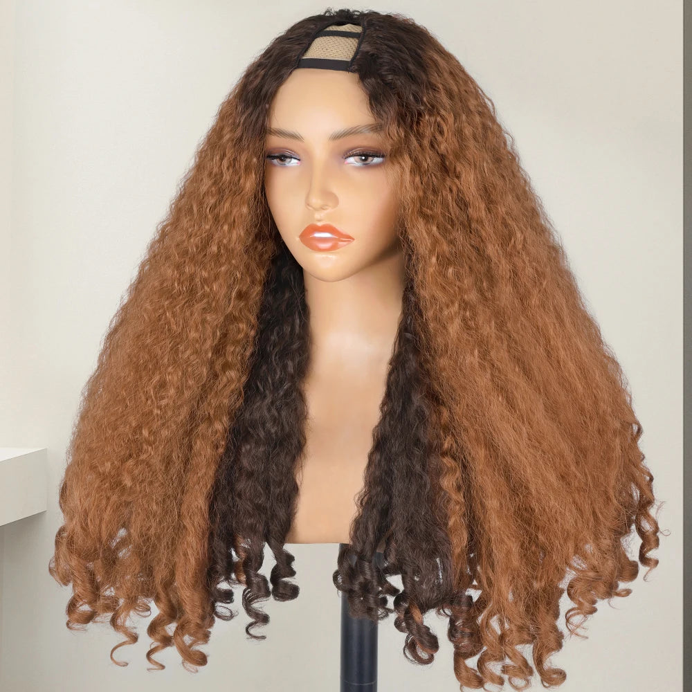 Afro Kinky Straight V Part Wigs with Bouncy Curls Short Synthetic Glueless Wigs for Black Women No Leave Out Clip in Half Wigs