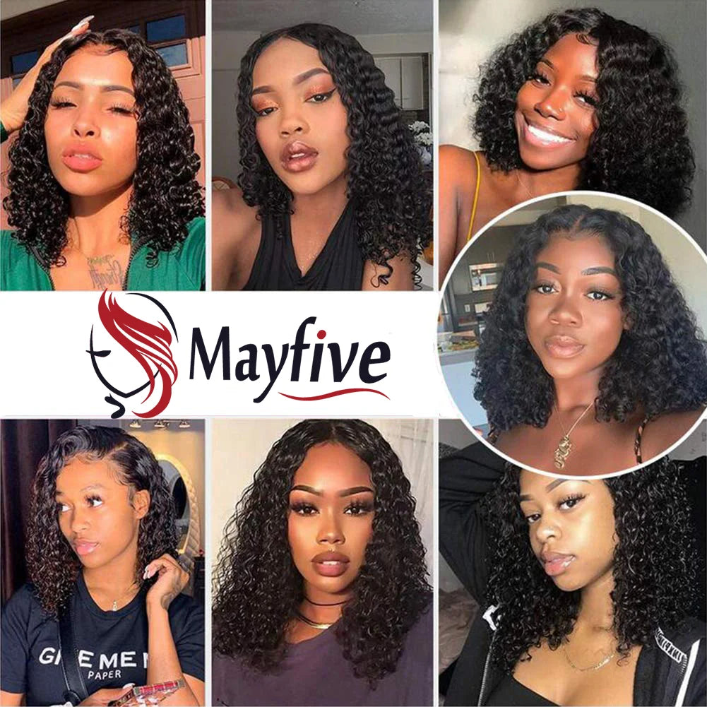 Brazilian 100% Human Deep Curly Bob Hair Wigs Natural Black Color Deep Wave HD Lace Front Part 13x4 Transparent Lace Wigs