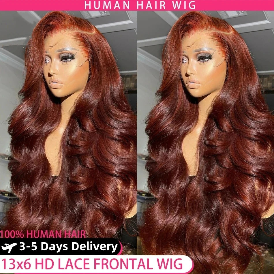 YKB Body Wave Reddish Brown 13x6 Lace Front Wigs Human Hair Preplucked Auburn Colored Human Hair HD Lace Frontal Wig 200 Density