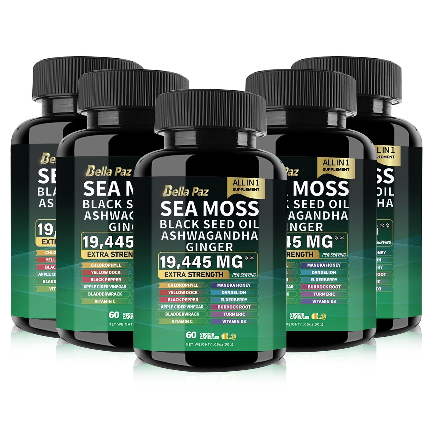 BellaPaz Sea Moss 7000mg, Black Seed Oil 4000mg, Ashwagandha 2000mg, Turmeric 2000mg, with Vitamin C, D3, Elderberry, & more.