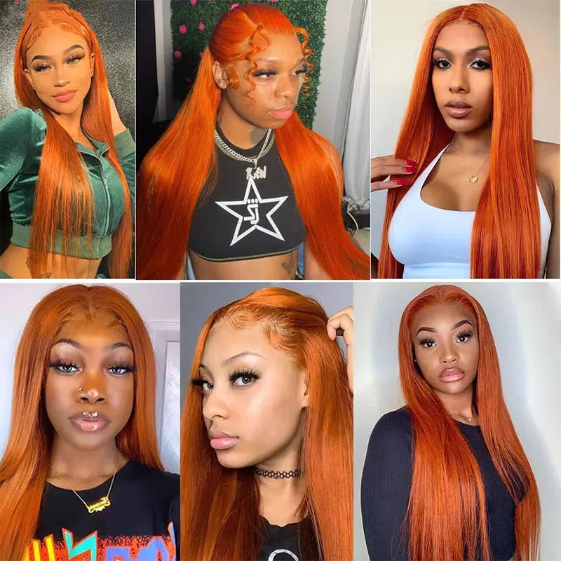 Ginger Orange Bone Straight 13x4 Transparent Lace Frontal Human Hair Wig Peruvian #350 13x6 Lace Front Wigs For Women 32inch