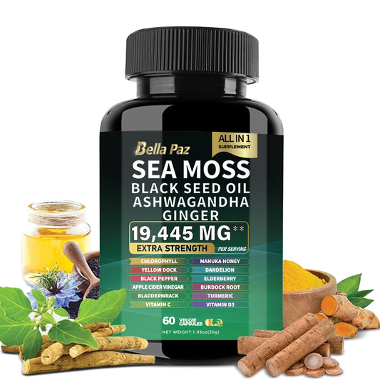 BellaPaz Sea Moss 7000mg, Black Seed Oil 4000mg, Ashwagandha 2000mg, Turmeric 2000mg, with Vitamin C, D3, Elderberry, & more.