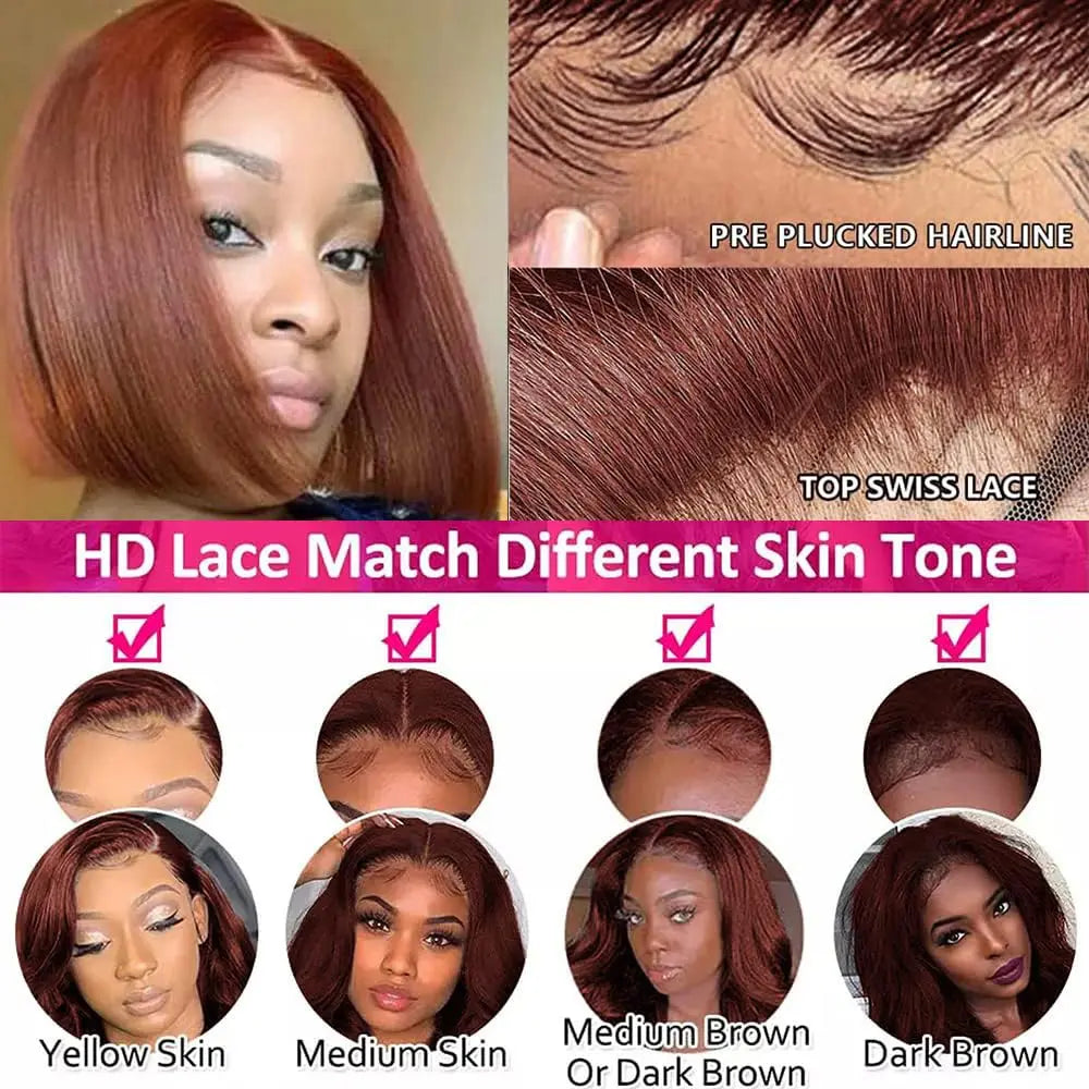 #33 Reddish Brown Bob Wig Human Hair 13x4 Lace Front Wigs Brown Glueless Peruvian Straight Lace Front Human Hair Wigs For Women