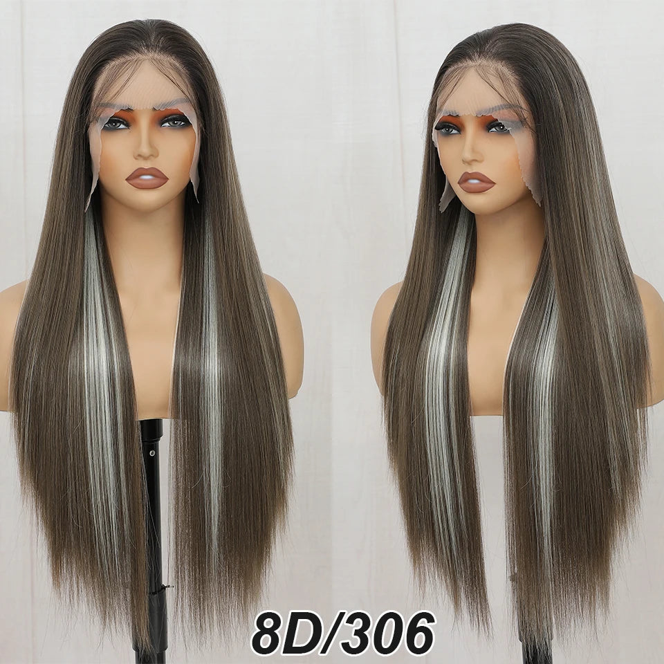 Synthetic Lace Front Part Wig For Women Natural Black Colored Bone Straight Prepluck Bleach Knots Baby Hair Soft Cosplay Daily