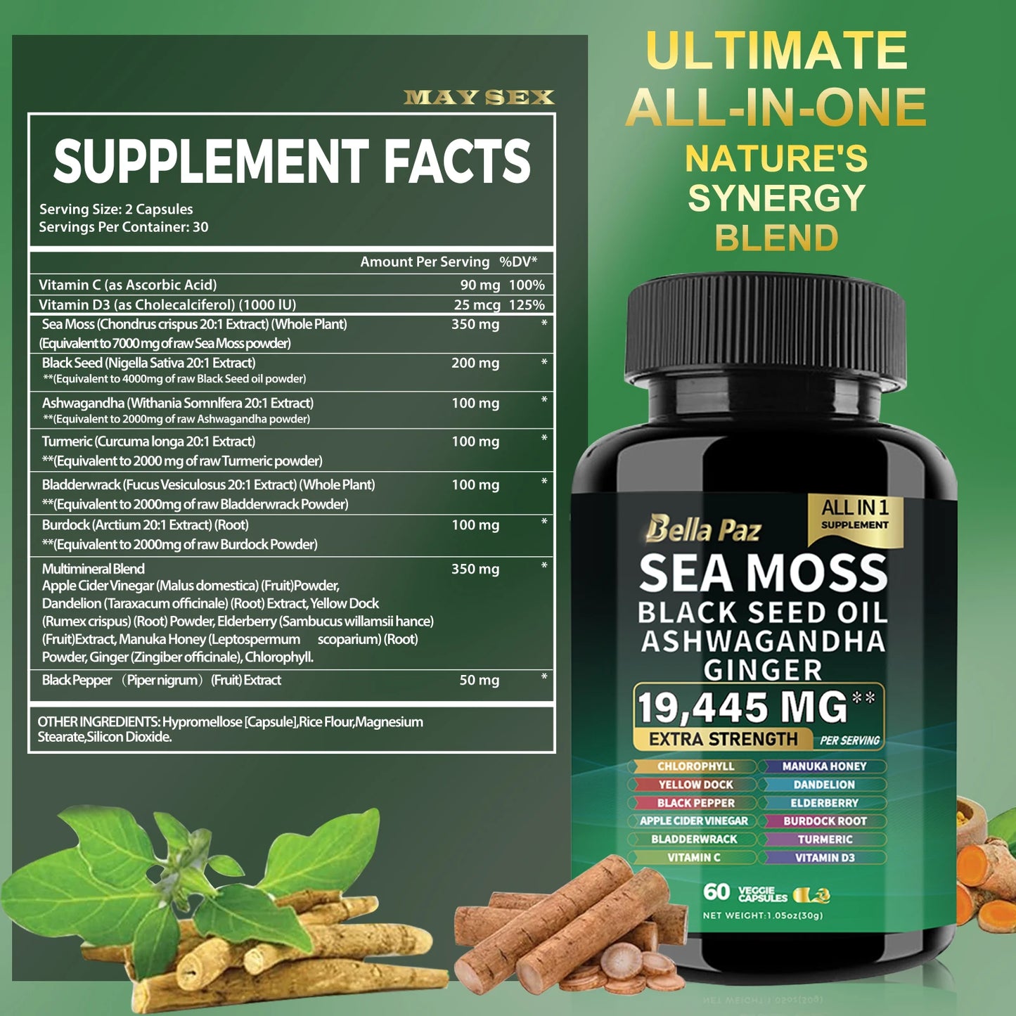 BellaPaz Sea Moss 7000mg, Black Seed Oil 4000mg, Ashwagandha 2000mg, Turmeric 2000mg, with Vitamin C, D3, Elderberry, & more.