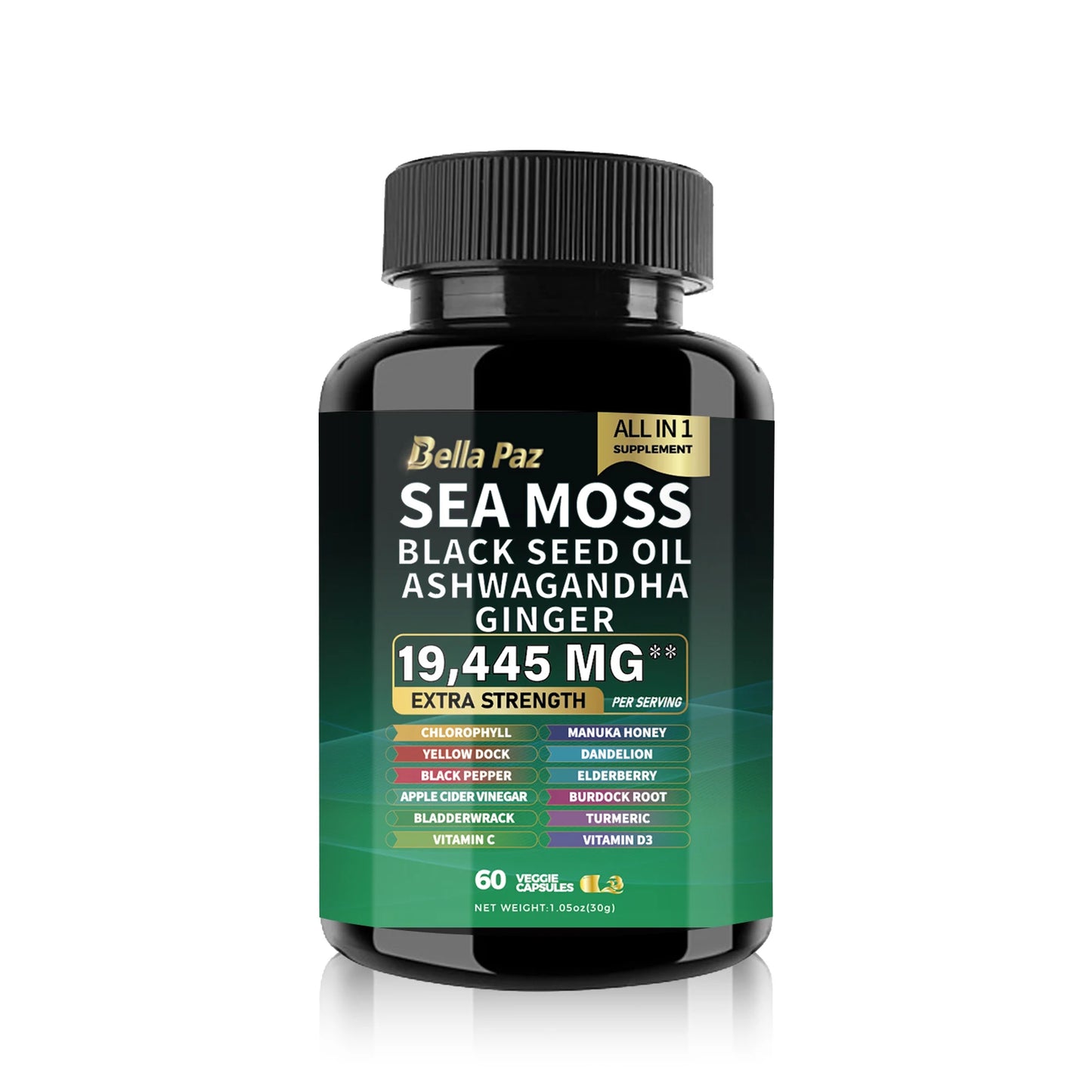 BellaPaz Sea Moss 7000mg, Black Seed Oil 4000mg, Ashwagandha 2000mg, Turmeric 2000mg, with Vitamin C, D3, Elderberry, & more.