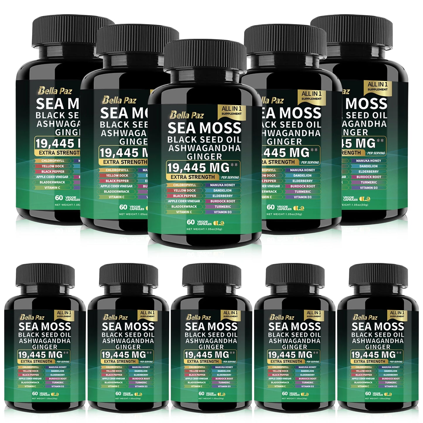 BellaPaz Sea Moss 7000mg, Black Seed Oil 4000mg, Ashwagandha 2000mg, Turmeric 2000mg, with Vitamin C, D3, Elderberry, & more.