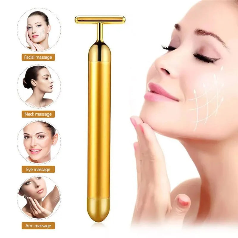 Portable Energy Electric Beauty Bar Waterproof 24K Gold Pulse Firming Massager Roller Facial Eye Pouch Remover Face Care Tool