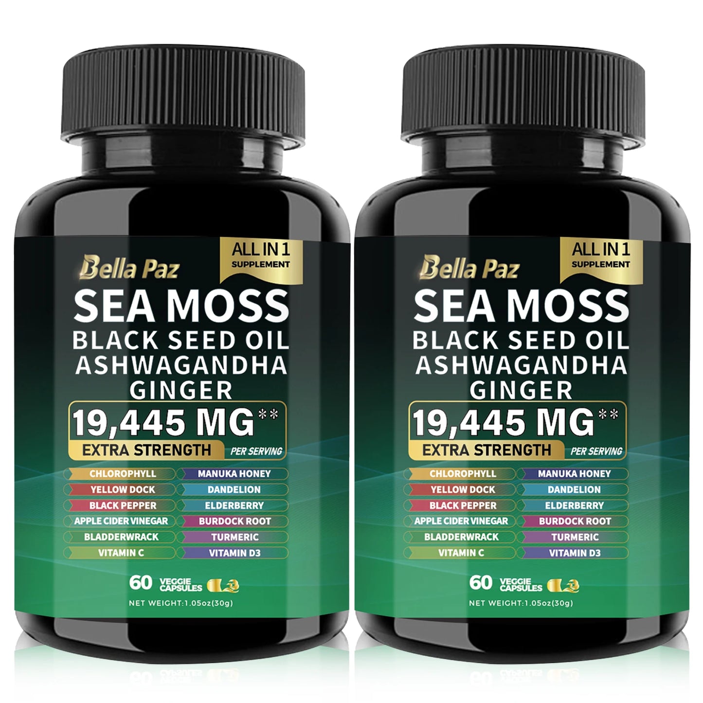 BellaPaz Sea Moss 7000mg, Black Seed Oil 4000mg, Ashwagandha 2000mg, Turmeric 2000mg, with Vitamin C, D3, Elderberry, & more.