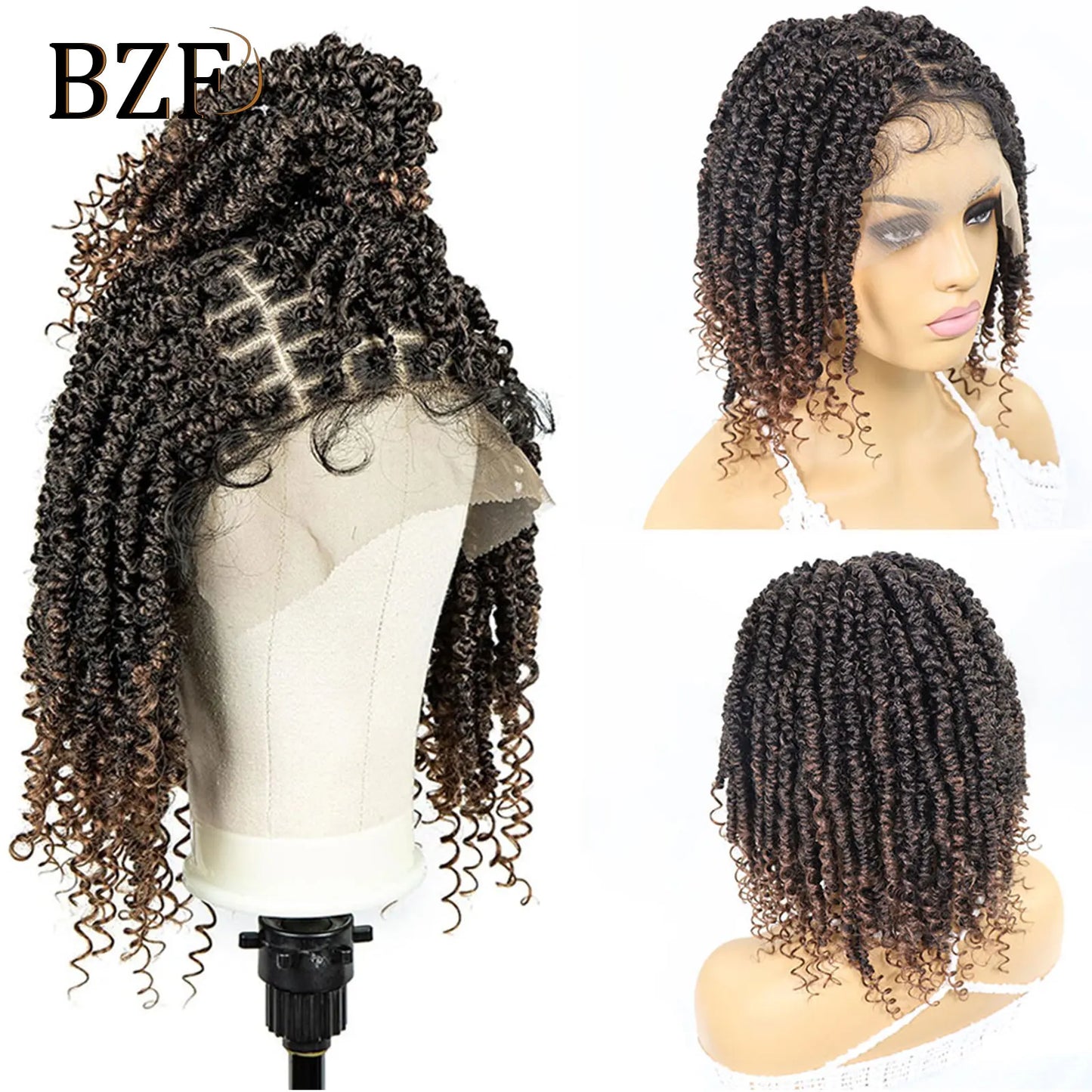 Short Passion Twist Braided Wigs Curly Ends Square Part Blonde Bob Braided Lace Front Wig For Women Synthetic 12Inch Braided Wig