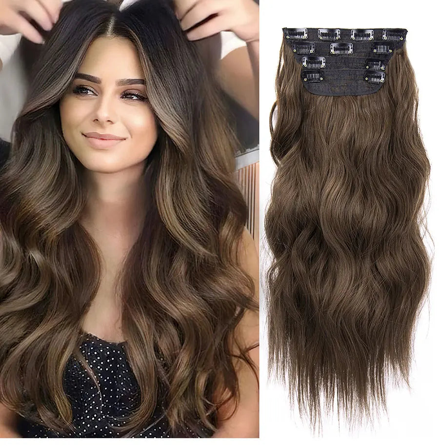 4Pcs/Set 20Inch Synthetic Hair Clip In Long Wavy Thick Hairpieces For Women Full Head Synthetic Hair Extensions Ombre Hairpieces