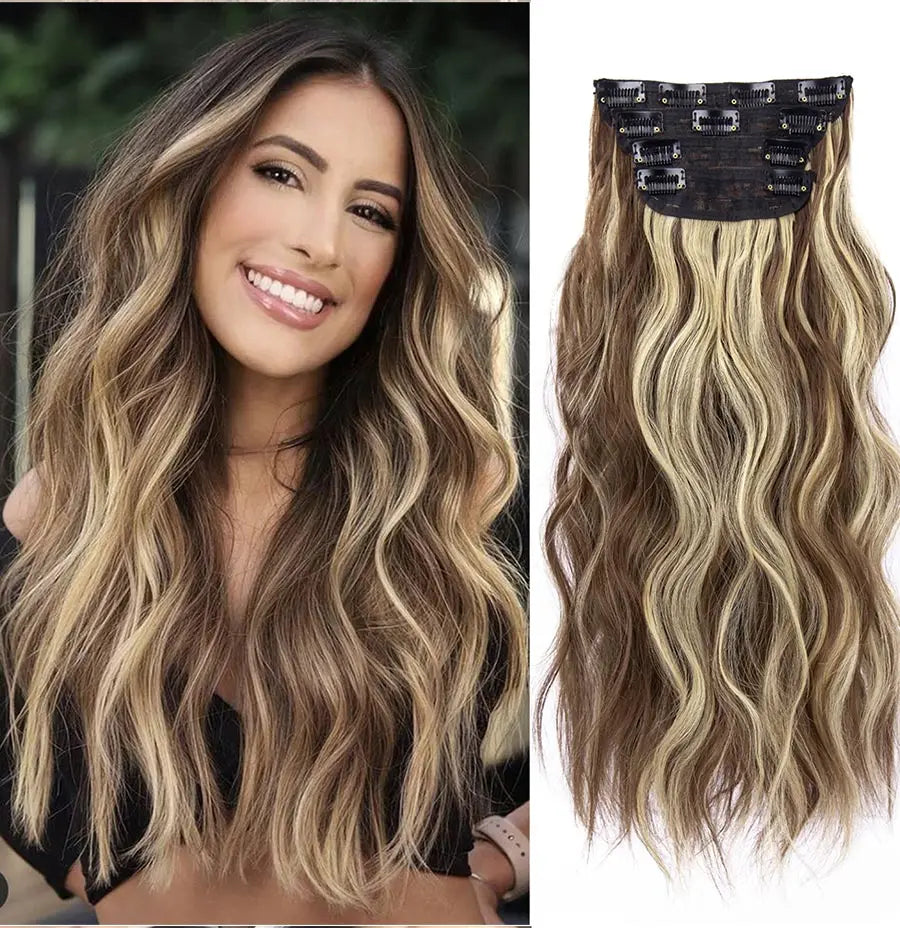 4Pcs/Set 20Inch Synthetic Hair Clip In Long Wavy Thick Hairpieces For Women Full Head Synthetic Hair Extensions Ombre Hairpieces