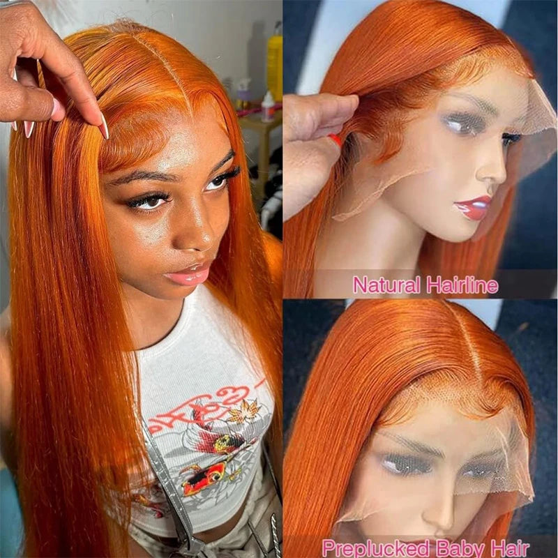 Ginger Orange Bone Straight 13x4 Transparent Lace Frontal Human Hair Wig Peruvian #350 13x6 Lace Front Wigs For Women 32inch