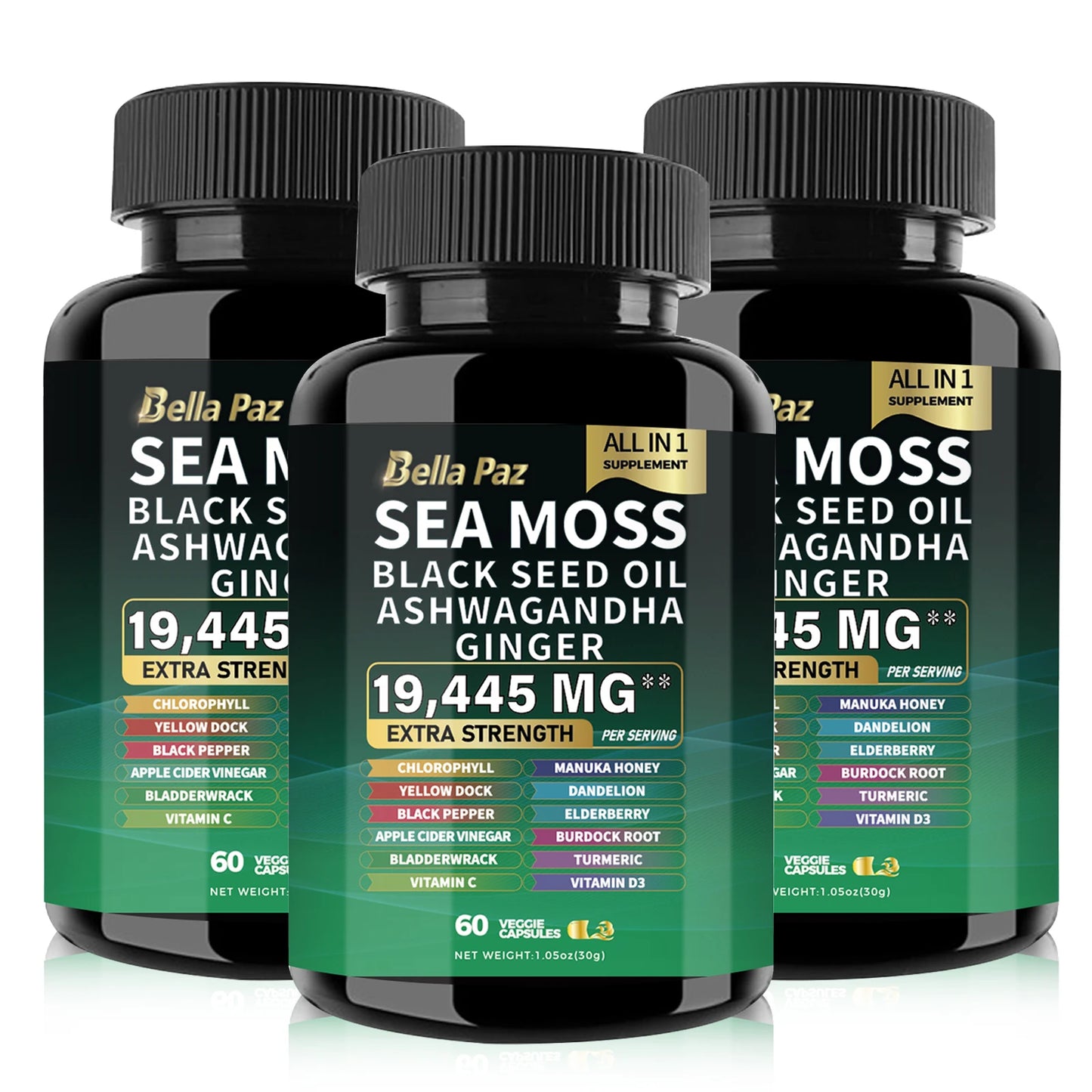 BellaPaz Sea Moss 7000mg, Black Seed Oil 4000mg, Ashwagandha 2000mg, Turmeric 2000mg, with Vitamin C, D3, Elderberry, & more.