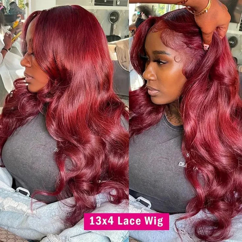 99J Burgundy 13X6 Body Wave Lace Front Wigs Human Hair 32 Inch Red Wine Colored 200 Density Lace Frontal Wig for Women Peruvian