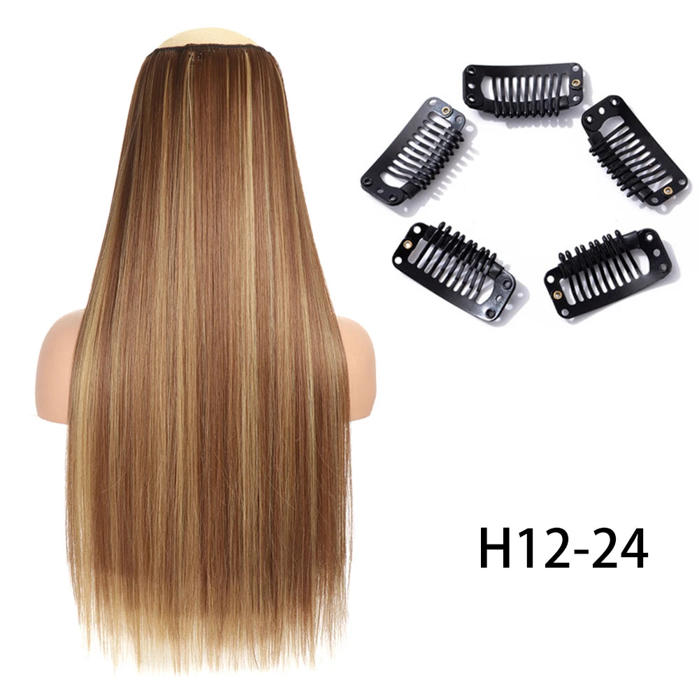 Synthetic Long Straight Clip In One Piece Hair Extension 5 Clips False Blonde Hair Brown Black Heat Resistant Fake Hair