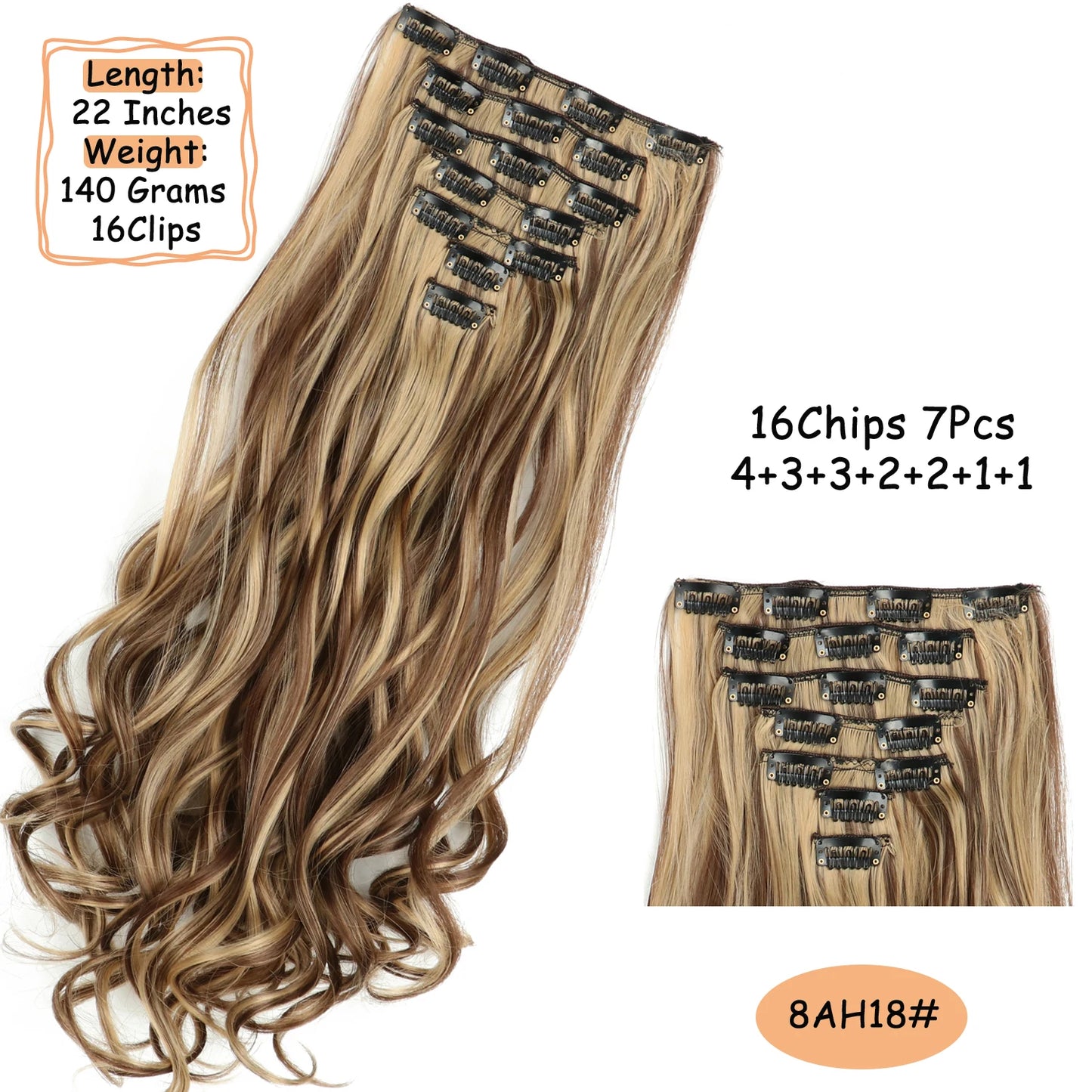 NICESY 16Clips Synthetic 24Inch Long Curly Hair Hairpiece Heat Resistant Hair Extension Clips In Ombre Black Brown Blond Women