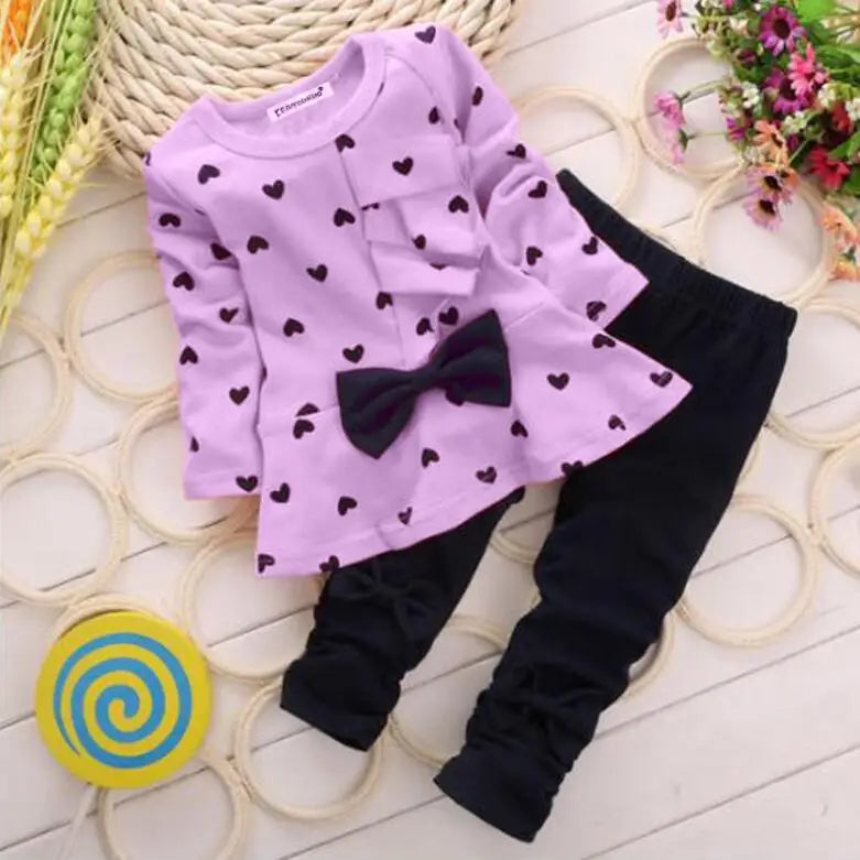 Winter New Fashion Girls Clothing Bow Dress Tops Leggings Kids Round Neck Polka Dot Sport Suits Baby Casual Outfit