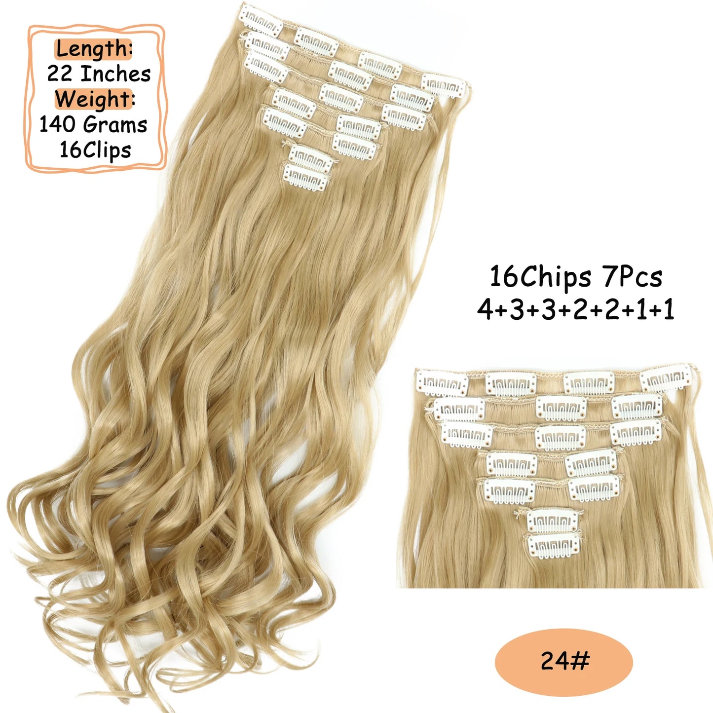 NICESY 16Clips Synthetic 24Inch Long Curly Hair Hairpiece Heat Resistant Hair Extension Clips In Ombre Black Brown Blond Women