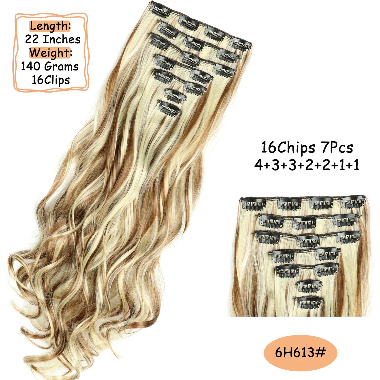 NICESY 16Clips Synthetic 24Inch Long Curly Hair Hairpiece Heat Resistant Hair Extension Clips In Ombre Black Brown Blond Women