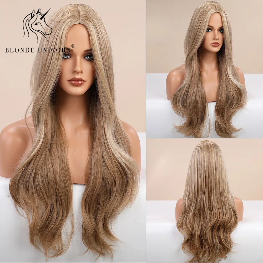 Blonde Unicorn Synthet Wig Long Wavy Mixed Brown Blonde for White Black Women Daily Party High Density Temperature Fibre Hair