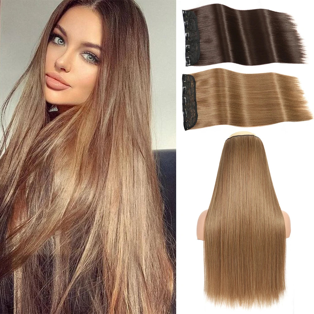 Synthetic Long Straight Clip In One Piece Hair Extension 5 Clips False Blonde Hair Brown Black Heat Resistant Fake Hair