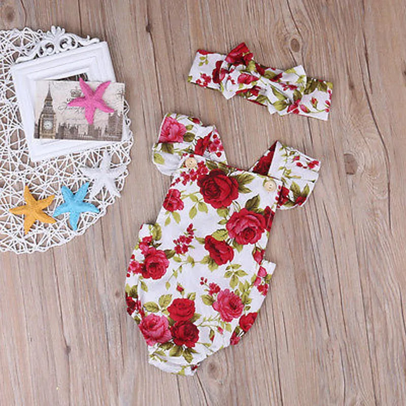 Cute Floral Romper 2pcs Baby Girls Clothes Jumpsuit Romper+Headband 0-24M Age Ifant Toddler Newborn Outfits Set Hot Sale