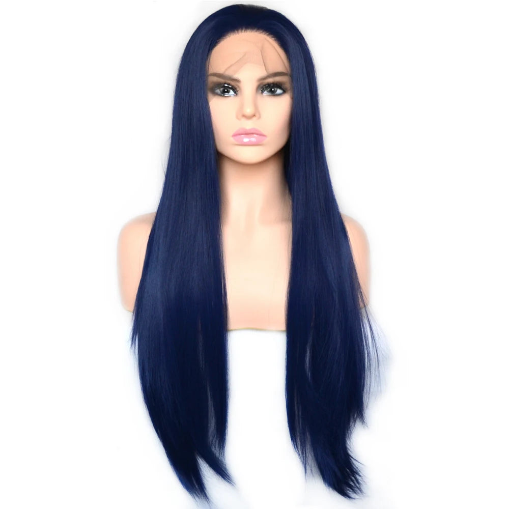 Voguequeen Dark Blue Synthetic T Lace Front Wig Yellow Green Color Wigs Heat Resistant Fiber Daily Wearing For Women