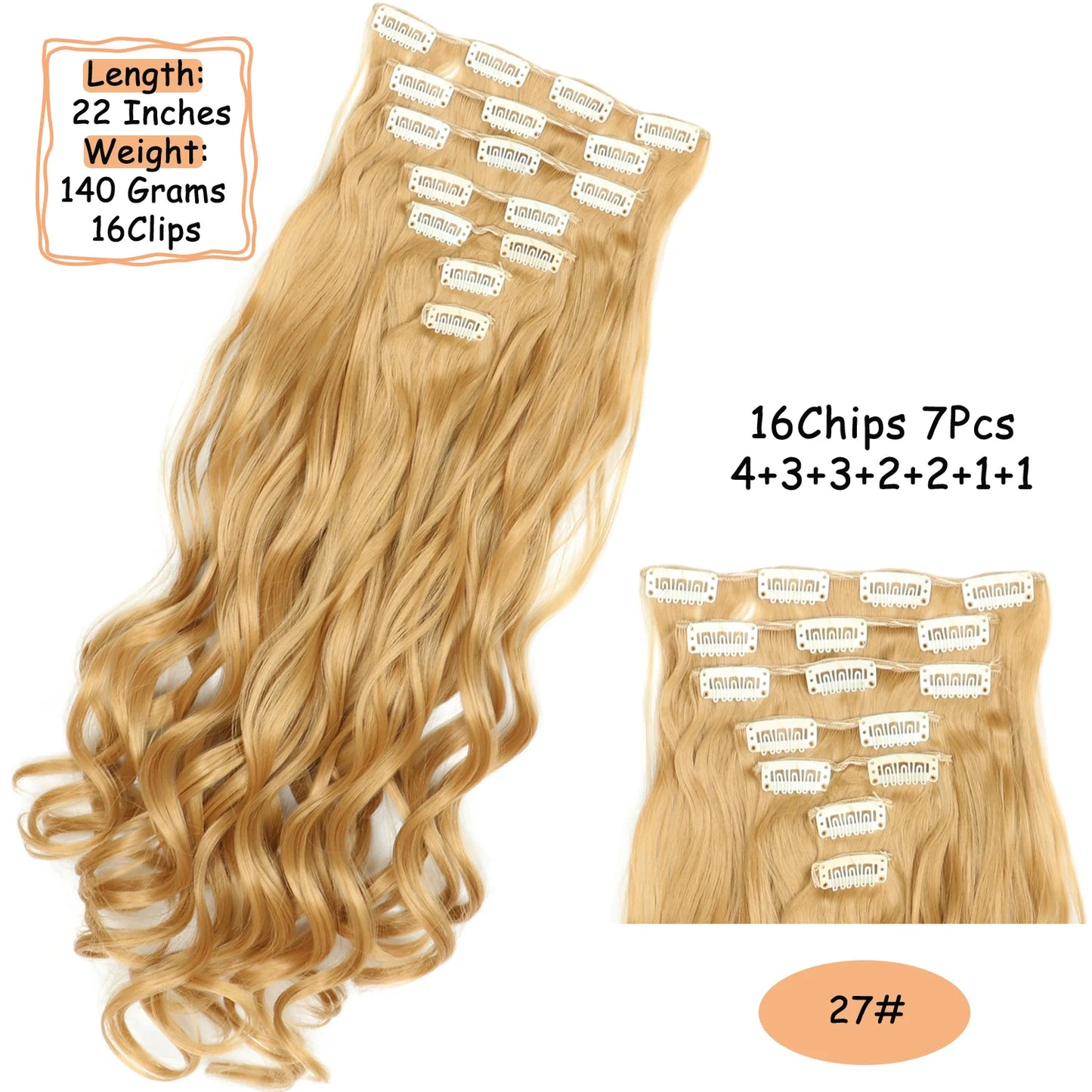 NICESY 16Clips Synthetic 24Inch Long Curly Hair Hairpiece Heat Resistant Hair Extension Clips In Ombre Black Brown Blond Women