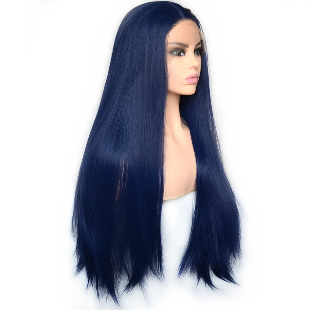 Voguequeen Dark Blue Synthetic T Lace Front Wig Yellow Green Color Wigs Heat Resistant Fiber Daily Wearing For Women